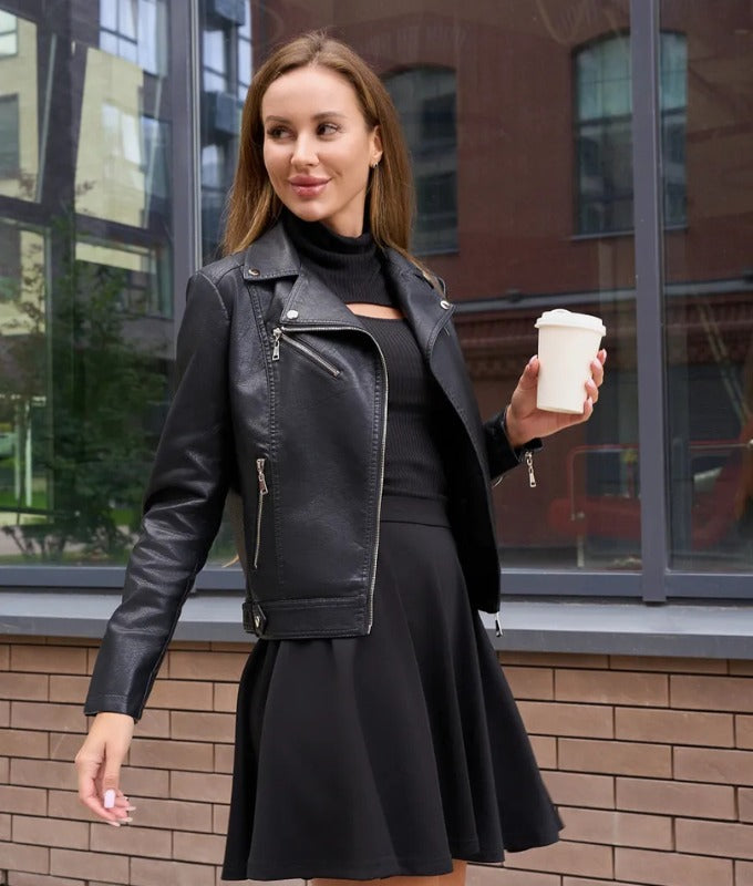 Women’s Black Genuine Sheep Leather Biker Jacket – Classic Moto Zip Style