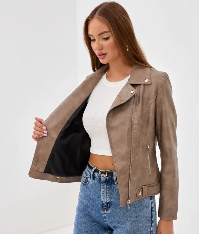 Women’s Taupe Genuine Sheep Leather Moto Jacket – Slim Fit Biker Style