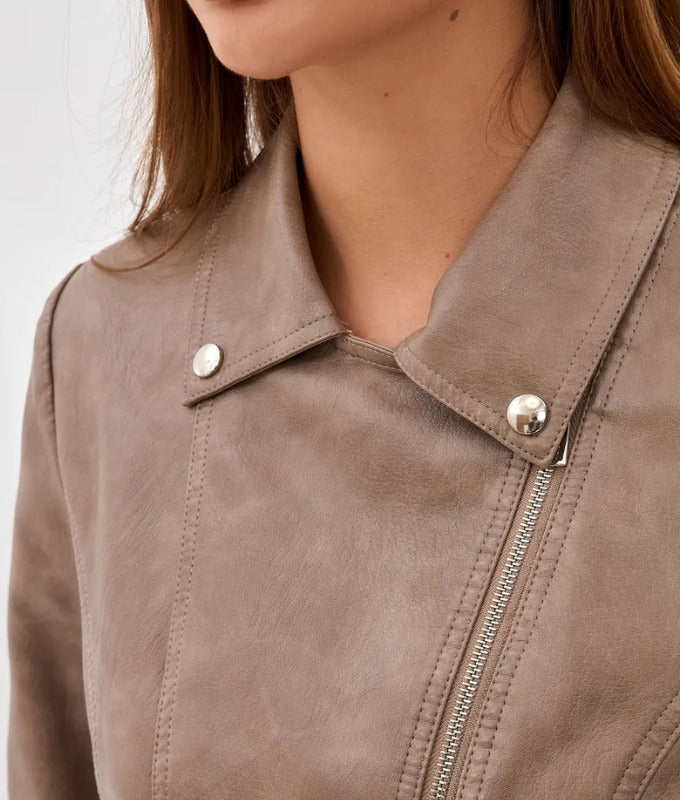 Women’s Taupe Genuine Sheep Leather Moto Jacket – Slim Fit Biker Style