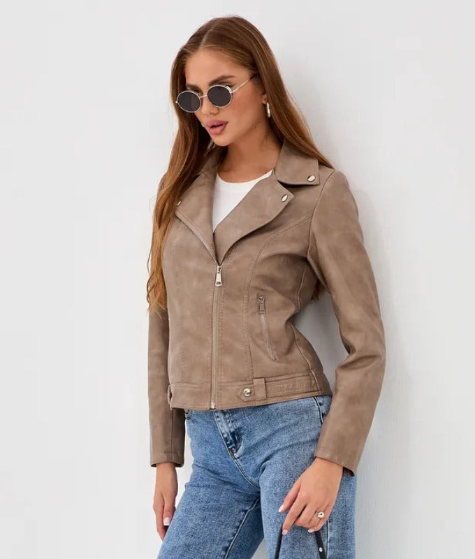 Women’s Taupe Genuine Sheep Leather Moto Jacket – Slim Fit Biker Style