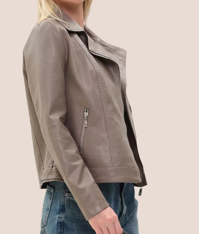 Women’s Classic Taupe Sheep Leather Biker Jacket