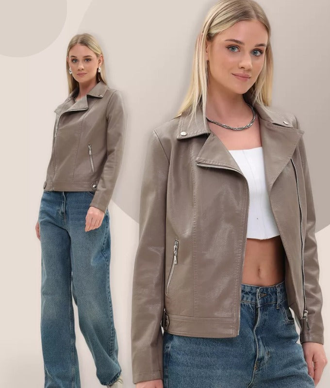 Women’s Classic Taupe Sheep Leather Biker Jacket