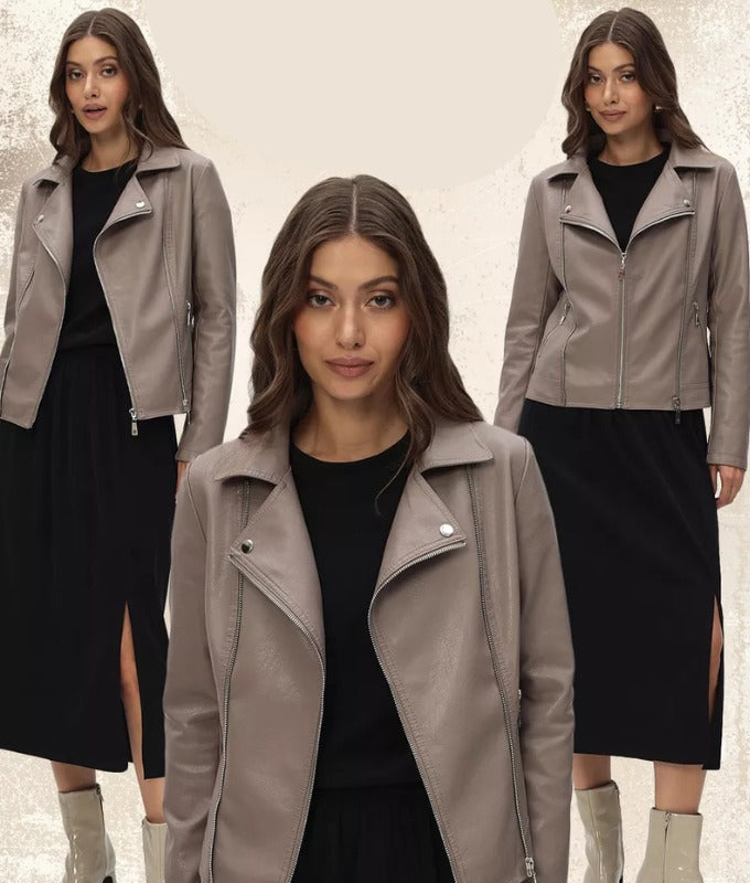 Women’s Taupe Genuine Sheep Leather Moto Jacket – Elegant Slim Fit Biker Style