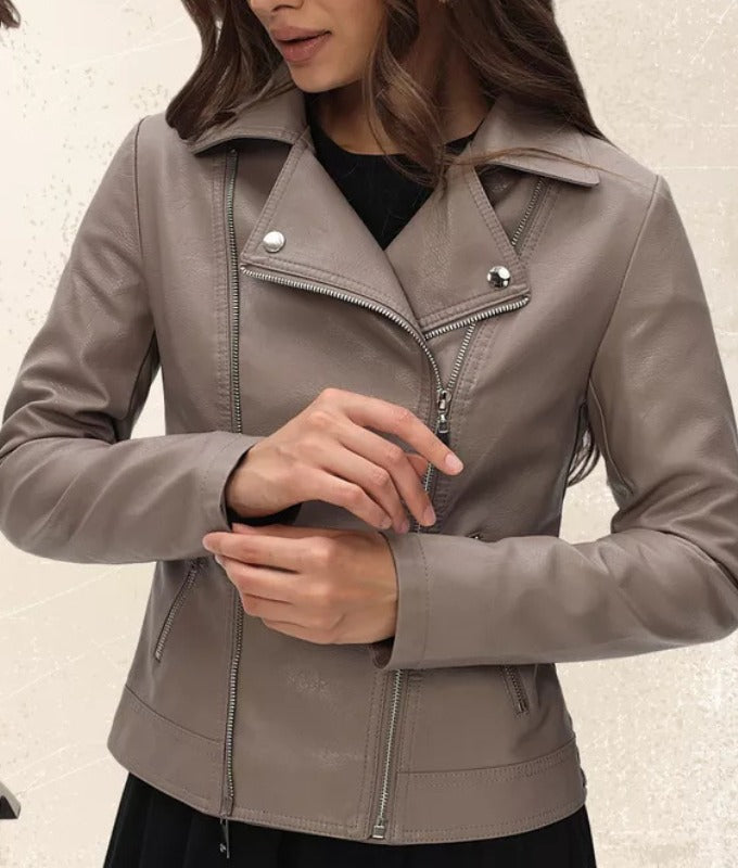 Women’s Taupe Genuine Sheep Leather Moto Jacket – Elegant Slim Fit Biker Style