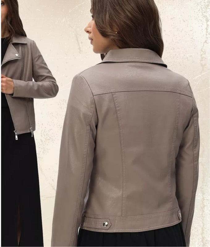 Women’s Taupe Genuine Sheep Leather Moto Jacket – Elegant Slim Fit Biker Style