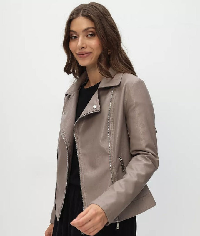 Women’s Taupe Genuine Sheep Leather Moto Jacket – Elegant Slim Fit Biker Style