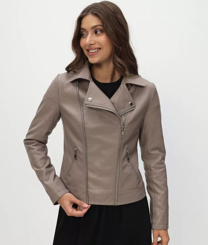 Women’s Taupe Genuine Sheep Leather Moto Jacket – Elegant Slim Fit Biker Style
