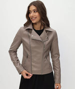 Women’s Taupe Genuine Sheep Leather Moto Jacket – Elegant Slim Fit Biker Style