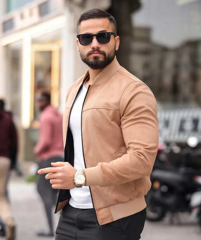 Men’s Classic Suede Leather Bomber Jacket – Premium Soft Tan Style