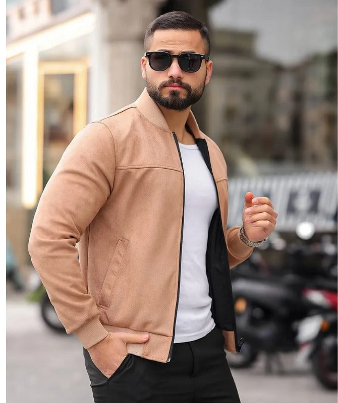 Men’s Classic Suede Leather Bomber Jacket – Premium Soft Tan Style