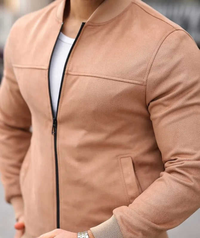 Men’s Classic Suede Leather Bomber Jacket – Premium Soft Tan Style