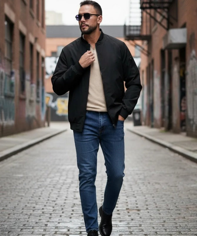 Urban Street Style for Men | Black Bomber Jacket & Denim Jeans Outfit Inspiration