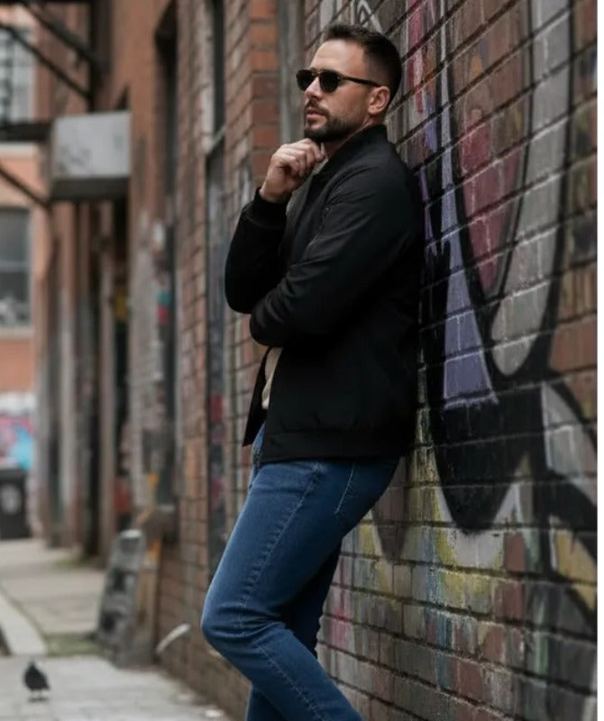 Urban Street Style for Men | Black Bomber Jacket & Denim Jeans Outfit Inspiration