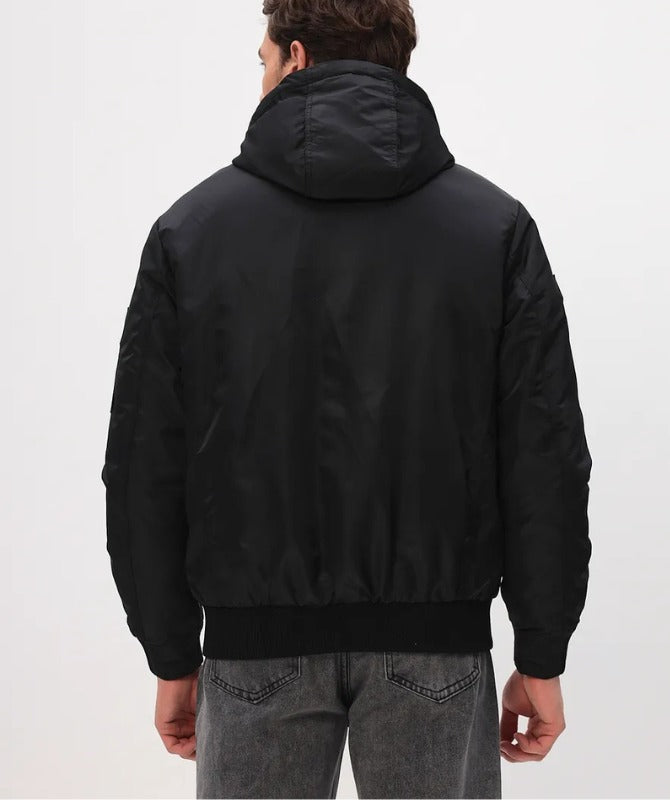Men’s Black Hooded Bomber Jacket | Winter Warm Puffer Jacket with Sherpa Lining
