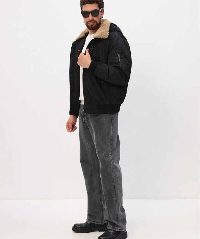 Men’s Black Hooded Bomber Jacket | Winter Warm Puffer Jacket with Sherpa Lining