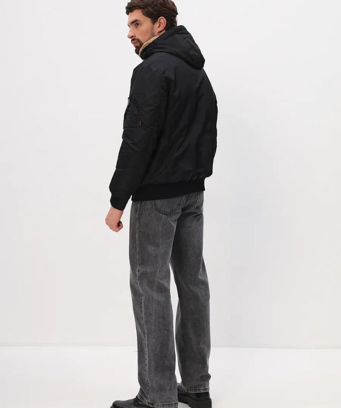 Men’s Black Hooded Bomber Jacket | Winter Warm Puffer Jacket with Sherpa Lining