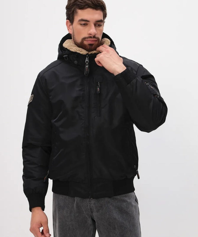 Men’s Black Hooded Bomber Jacket | Winter Warm Puffer Jacket with Sherpa Lining