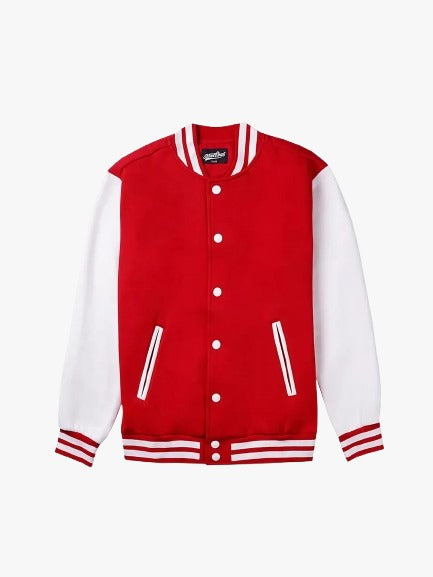 Men’s Red and White Varsity Jacket | Classic Baseball Letterman Bomber
