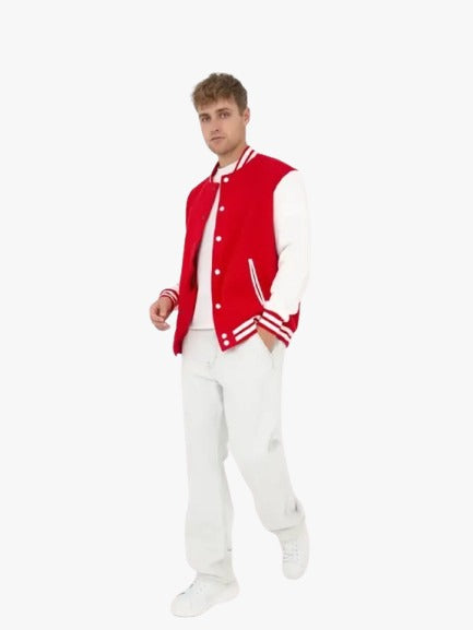 Men’s Red and White Varsity Jacket | Classic Baseball Letterman Bomber