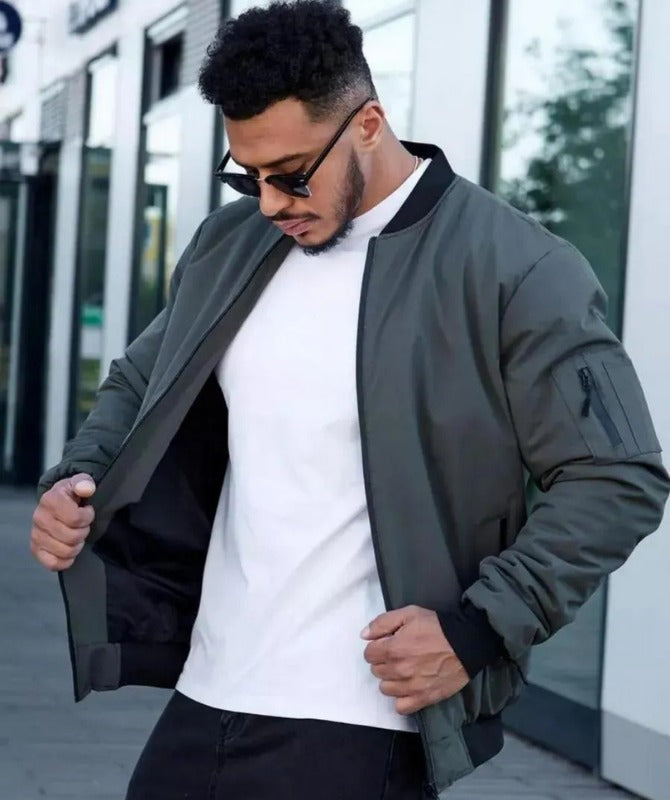 Men’s Olive Green Bomber Jacket | Lightweight Casual Zip-Up Jacket for Everyday Style