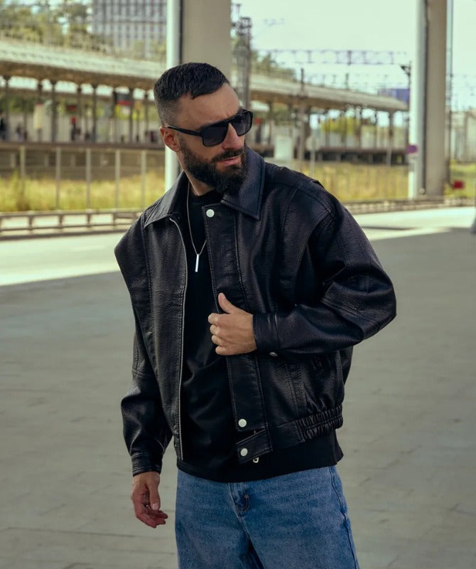 Men’s Black Leather Biker Jacket | Vintage Oversized Streetwear Outerwear