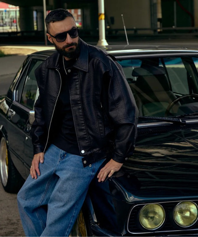 Men’s Black Leather Biker Jacket | Vintage Oversized Streetwear Outerwear