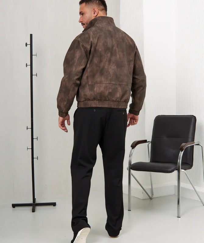 Men’s Brown Faux Leather Jacket | Vintage High Neck Winter Outerwear
