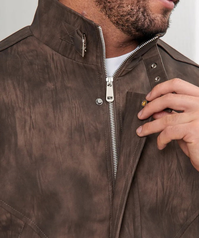 Men’s Brown Faux Leather Jacket | Vintage High Neck Winter Outerwear