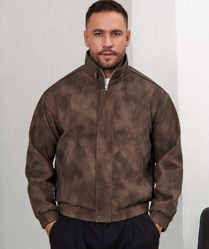 Men’s Brown Faux Leather Jacket | Vintage High Neck Winter Outerwear