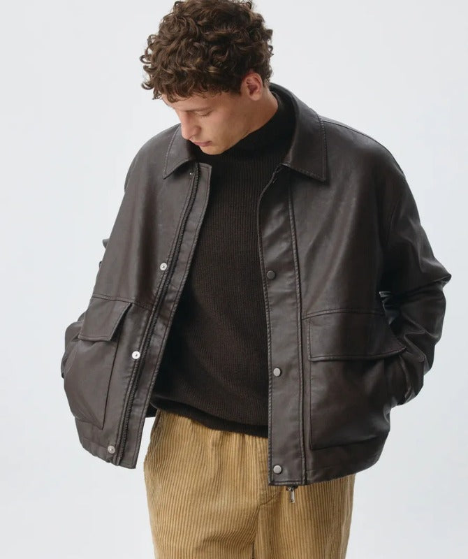 Men’s Classic Brown Leather Jacket | Vintage Oversized Outerwear for Winter