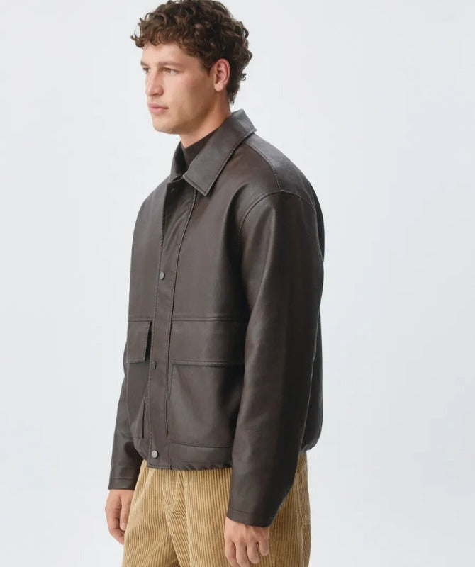 Men’s Classic Brown Leather Jacket | Vintage Oversized Outerwear for Winter