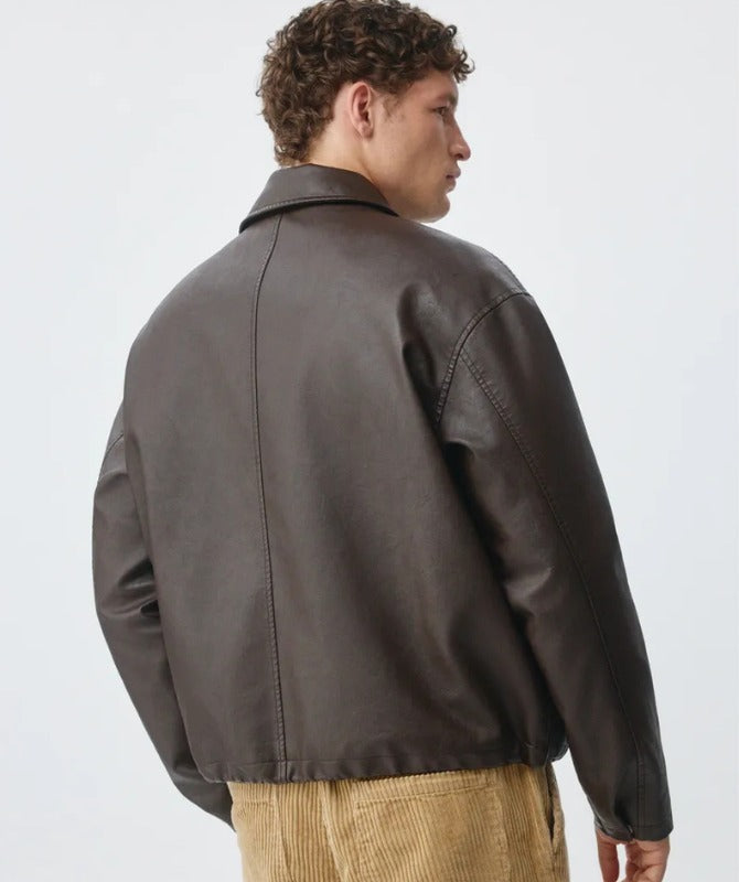 Men’s Classic Brown Leather Jacket | Vintage Oversized Outerwear for Winter