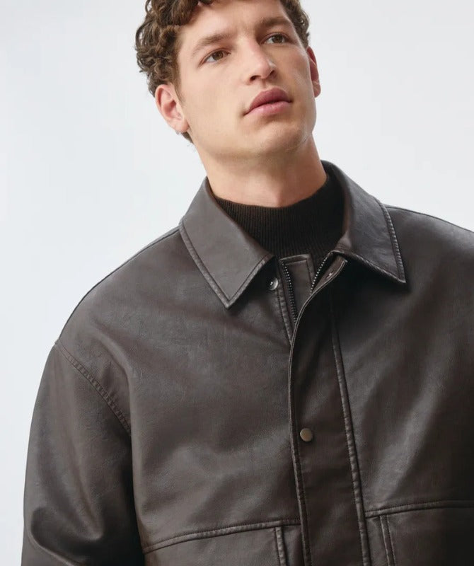 Men’s Classic Brown Leather Jacket | Vintage Oversized Outerwear for Winter