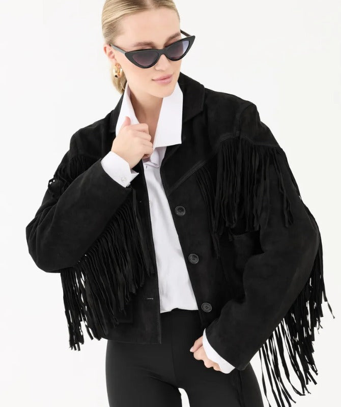 Women’s Suede Leather Fringe Jacket – Premium Western Style Trendy Black Coat | Soft Suede Outerwear for Fashion & Casual Wear