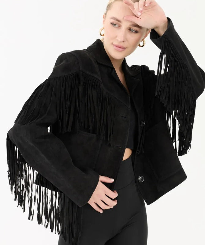 Women’s Suede Leather Fringe Jacket – Premium Western Style Trendy Black Coat | Soft Suede Outerwear for Fashion & Casual Wear