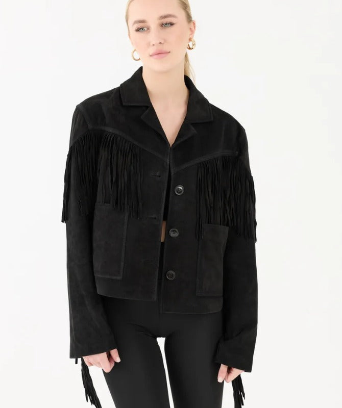 Women’s Suede Leather Fringe Jacket – Premium Western Style Trendy Black Coat | Soft Suede Outerwear for Fashion & Casual Wear