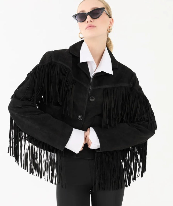 Women’s Suede Leather Fringe Jacket – Premium Western Style Trendy Black Coat | Soft Suede Outerwear for Fashion & Casual Wear