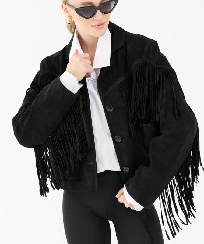 Women’s Suede Leather Fringe Jacket – Premium Western Style Trendy Black Coat | Soft Suede Outerwear for Fashion & Casual Wear