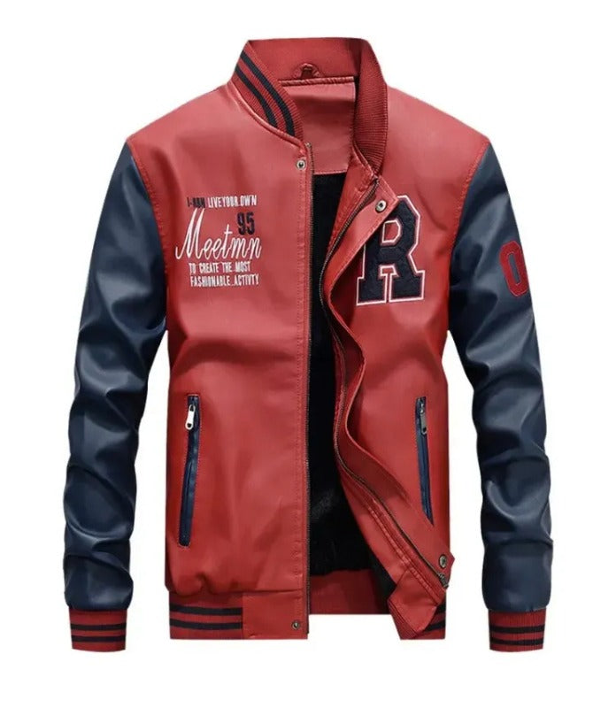 Men’s Red & Navy Varsity Jacket | Stylish Letterman Bomber Jacket for Casual Wear