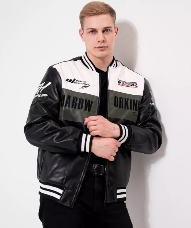 Men’s Racing Style Leather Jacket | Black & White Moto Bomber Jacket for Trendy Streetwear