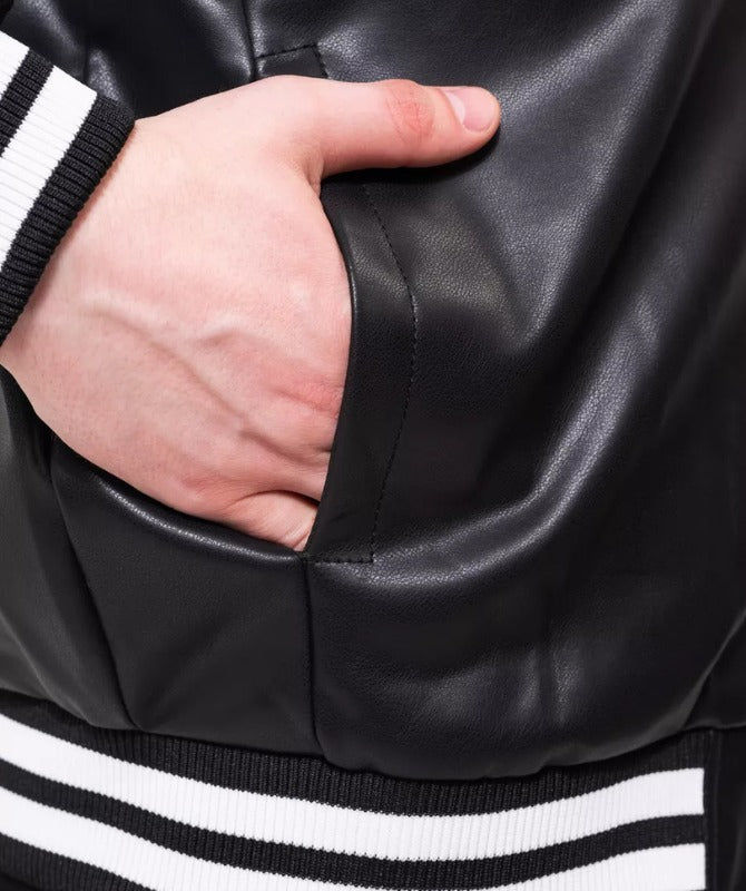 Men’s Racing Style Leather Jacket | Black & White Moto Bomber Jacket for Trendy Streetwear