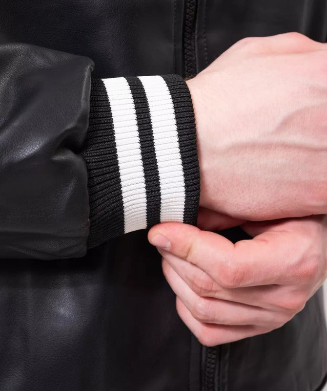 Men’s Racing Style Leather Jacket | Black & White Moto Bomber Jacket for Trendy Streetwear