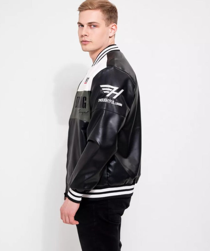 Men’s Racing Style Leather Jacket | Black & White Moto Bomber Jacket for Trendy Streetwear