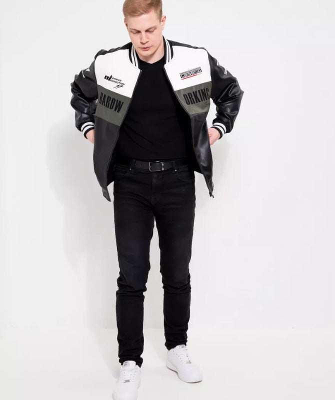 Men’s Racing Style Leather Jacket | Black & White Moto Bomber Jacket for Trendy Streetwear