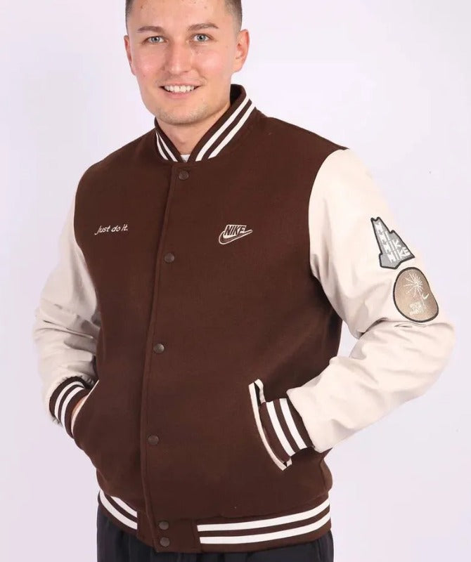 Men’s Brown & White Varsity Jacket | Classic Letterman Style Bomber Jacket for Casual Wear