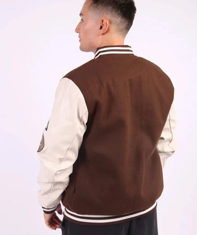 Men’s Brown & White Varsity Jacket | Classic Letterman Style Bomber Jacket for Casual Wear