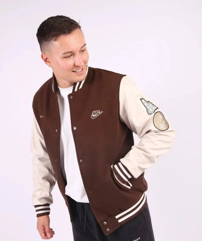 Men’s Brown & White Varsity Jacket | Classic Letterman Style Bomber Jacket for Casual Wear
