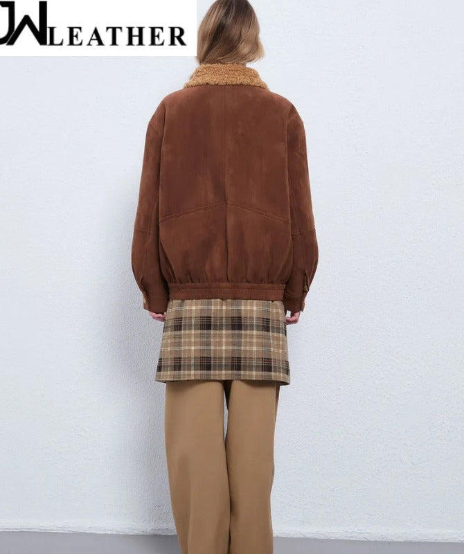 Women’s Brown Suede Leather Jacket – Shearling Collar Winter Bomber | Soft Suede Outerwear | Warm Casual Fashion Coat