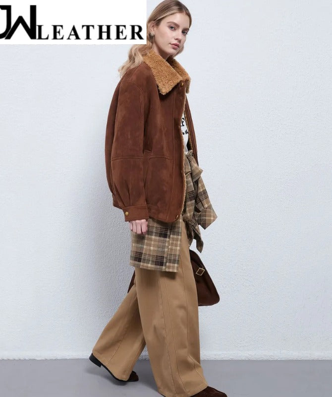 Women’s Brown Suede Leather Jacket – Shearling Collar Winter Bomber | Soft Suede Outerwear | Warm Casual Fashion Coat