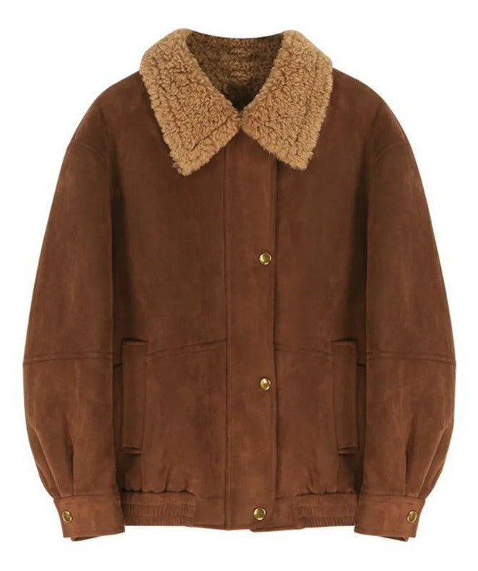Women’s Brown Suede Leather Jacket – Shearling Collar Winter Bomber | Soft Suede Outerwear | Warm Casual Fashion Coat